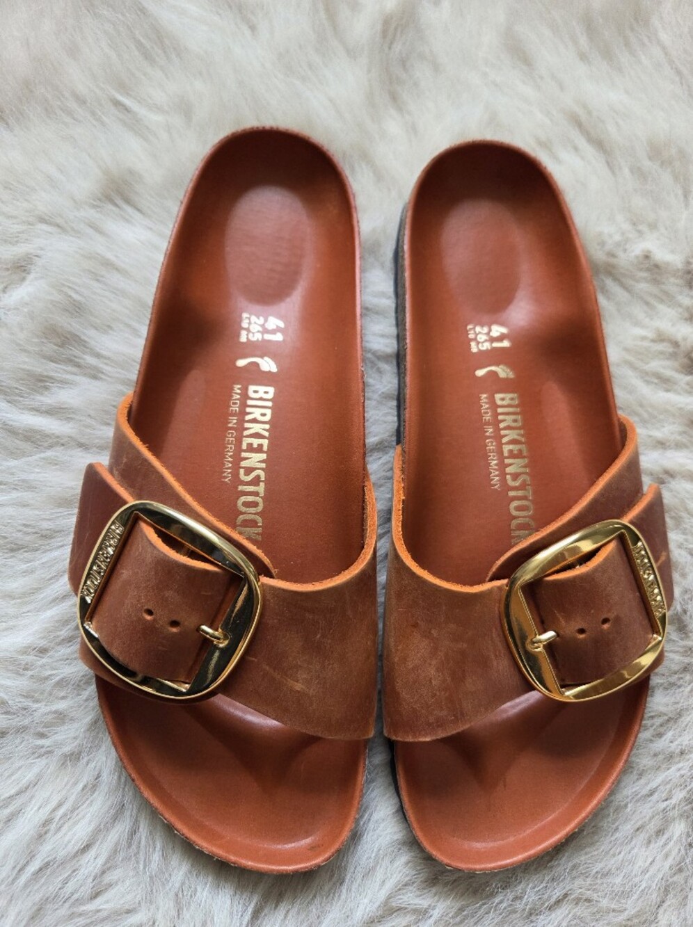 Birkenstock Women’s Madrid Slide Sandals in Brown/orage  with Gold Buckle Sz 41